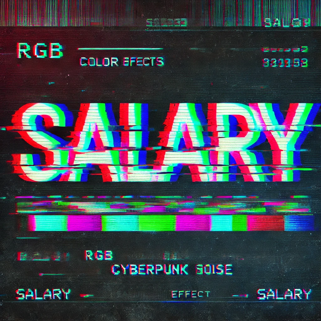 Cyberpunk-style glitch effect on the word 'SALARY' with neon color distortions